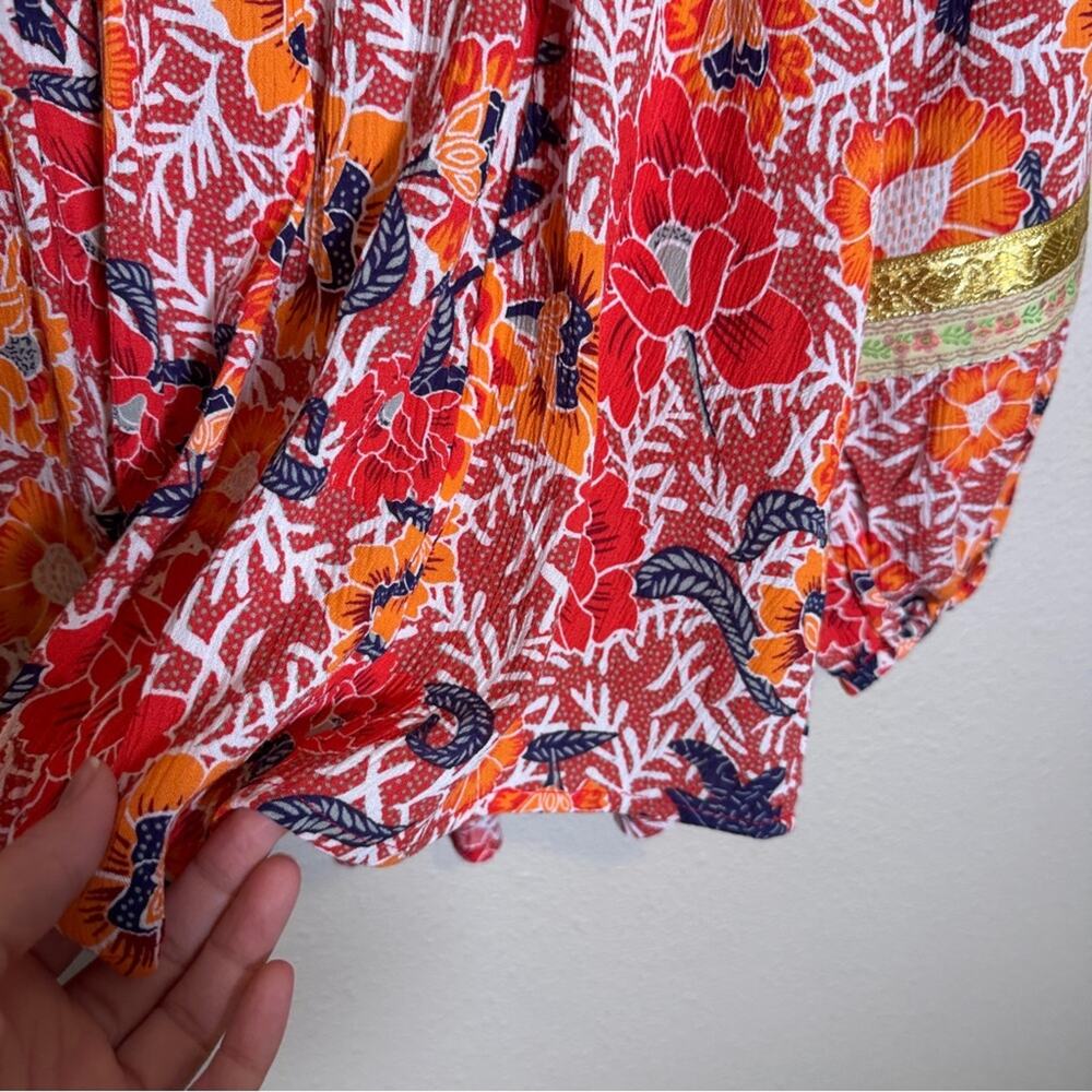 Cynthia Rowley Red Gold Floral Boho Blouse Womens 1X Fall Peasant Flowy Shirt - Picture 8 of 13
